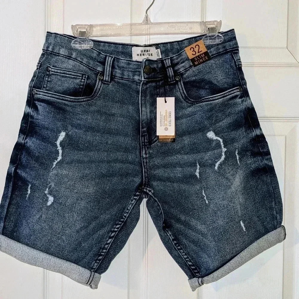 Urban Heritage Slim‎ Rince Denim Shorts Size 32 Distressed Blue Wash
